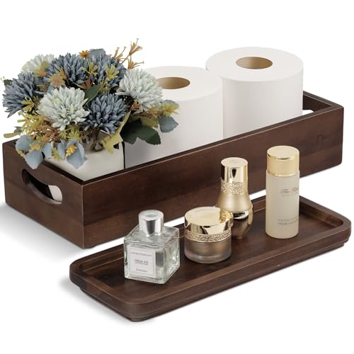 DEMIGO Toilet Tank Topper & Vanity Tray, Acacia Wood Decor Set, Dark Brown | 2-Pack Storage Tray, Handmade Wooden Tank Basket Cover for Bathroom, Kitchen, Home & Spa, Smooth Durable Artisan