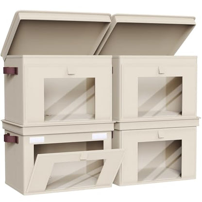 Univivi Front Opening Storage Bins with Lids for Closet, Beige, 4 Pack | Foldable Fabric Storage Cubes, Large Closet Organizers and Storage with Clear Window & Handles for Clothes Storage