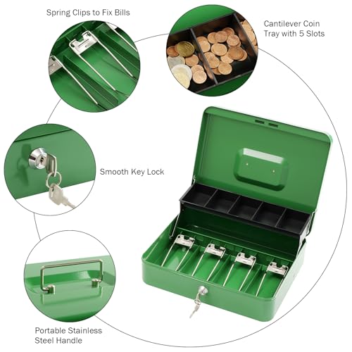 Cash Box with Lock Key and Money Tray - Large Money Box for Cash Register, Metal Lock Box for Money Safe 11.8" x 9.4" x 3.54" Green