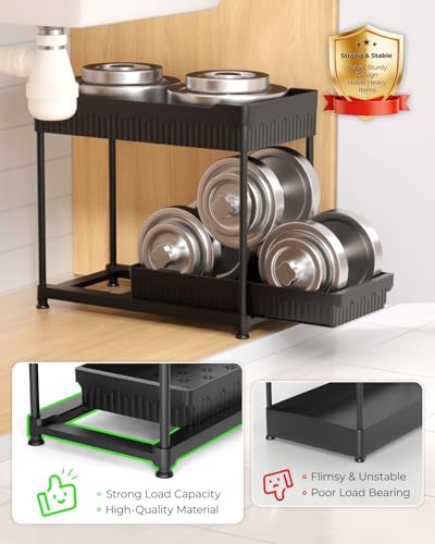 3-Pack 2-Tier Under Sink Organizers with Sliding Drawers | Multi-use kitchen & bathroom storage, 12.8 inch black cabinet organizer, space-saving sliding drawer design.