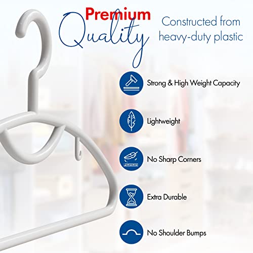 Plastic Clothes Hangers- Heavy Duty Plastic Hangers for Clothes, Coats, Dress, Suits- Non Slip Closet Cloth Hanger with Hook for Scarves, Belts & Ties- Snag Free White Hangers for Shirts (Pack of 12)