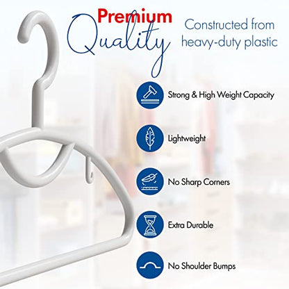 Plastic Clothes Hangers- Heavy Duty Plastic Hangers for Clothes, Coats, Dress, Suits- Non Slip Closet Cloth Hanger with Hook for Scarves, Belts & Ties- Snag Free White Hangers for Shirts (Pack of 12)