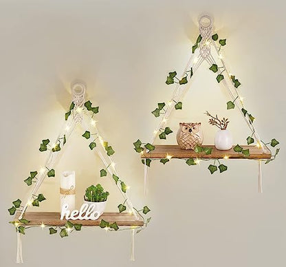 Mkono Macrame Wall Hanging Shelves Set of 2 with Artificial Ivy Lights | Boho Wall Decor, Wood Floating Storage Shelf, Display Plants Photos, Bedroom Bathroom Living Room Nursery Dorm Kitchen, White