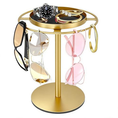 Metal Sunglasses Organizer, Glasses Holder Stand with Storgae Tray, Eyeglasses Holder with Anti-Slip Pads for Tabletop, Desk, Dresser, Gold