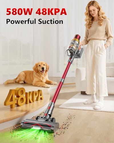 Cordless Vacuum Cleaner, 580W 48Kpa 65Mins Vacuum Cleaner for Home, Stand-Free Stick Vacuum, OLED Display, Auto Scrap Dust Tech, Lightweight, Anti-Tangle Vacuum Cordless for Woodfloor Carpet Pet Hair