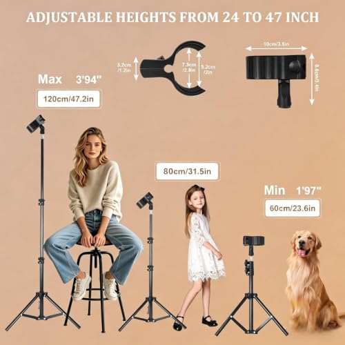 Hands Free Hair Dryer Stand with Tripod, 23.6-47.2 Inch Adjustable Height, 180° Rotating Universal Clip, Foldable Metal Blow Dryer Holder for Bathroom Vanity Makeup Room Home Styling & Pet Grooming, Fits Most Hair Dryers