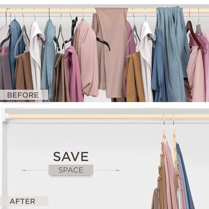 Pants Hangers Space Saving - 2 Pack European Beechwood Scarf and Jean Hangers - Closet Organizer and Space Saver Pant Rack, Leggings Hanger, and Scarf Holder with 360° Swivel Hook