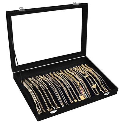 Siveit Necklace Organizer Box Premium 20 Hooks Velvet Necklace Display Jewelry Tray with Transparent Lid Jewelry Necklace Display Box for Necklace Pendants Suitable for Women and Girls (Black)