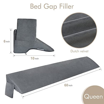 Vekkia Queen Bed Wedge Pillow for Headboard Gap Filler(0-5"),High-Density Foam,Prevents Pillows & Items from Falling,Ergonomic Design,Large Storage Pockets, Removable&Washable Cover,Gray,60''x10''x6''