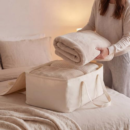 2 Pack 100% Cotton 24"x 15"x 12" White Canvas Sweater Comforter Storage Bag with Handles for Home Travel Beddings Pillow Blankets Saree Linens Organizer Thick Soft Breathable Closet Bags