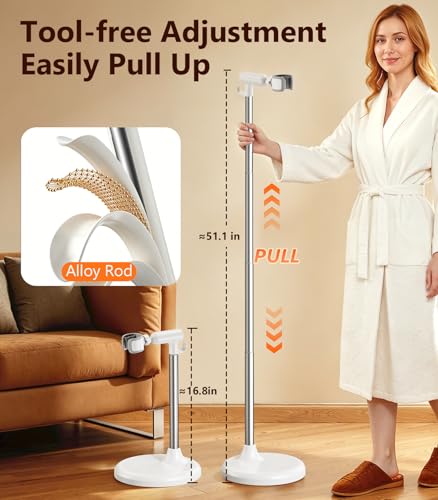 Hair Dryer Stand Holder Hands Free, 360° Blow Dryer Holder | With Anti-Slip Stable Base, Aluminum Alloy, Adjustable Height 17-51 Inch for Bathroom & Pet Grooming & Salon（White）