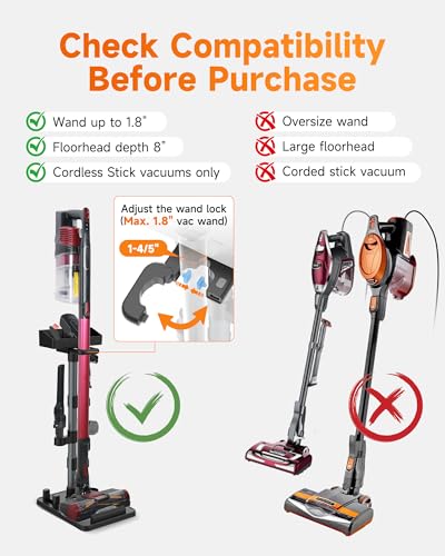 Cordless Vacuum Stand for Stick Vacuum Cleaners, Adjustable Height with 7 Tool Holder and Storage Box, Max 1-4/5 Inch Universal Vac Wand, Black