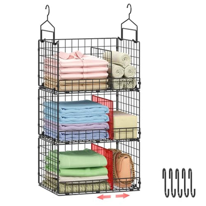 3-Tier Extra Large Closet Hanging Organizer with Dividers, Clothes Hanging Shelves with 2 Hanging Hooks & 5 S-Hooks, Wire Storage Baskets for Sweaters, Shoes, Handbags & Accessories