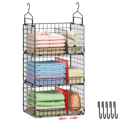 3-Tier Extra Large Closet Hanging Organizer with Dividers, Clothes Hanging Shelves with 2 Hanging Hooks & 5 S-Hooks, Wire Storage Baskets for Sweaters, Shoes, Handbags & Accessories