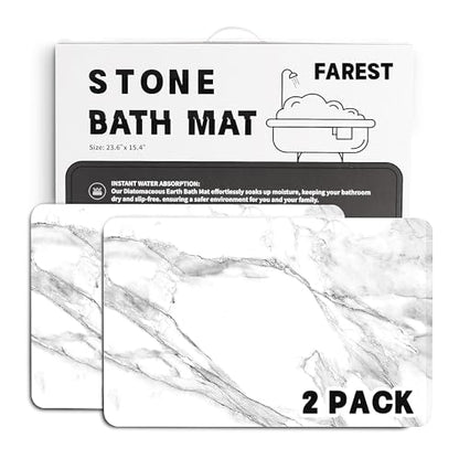 2 Pack Stone Bath Mat - Diatomaceous Earth Bath Mat Fast-Drying Stone Drying Mat Super Absorbent Diatomite Mats for Bathroom, Dish Drying, Bathtub (White Marble