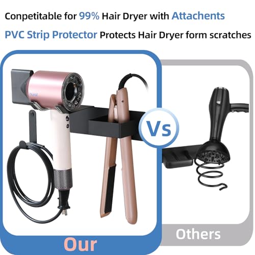 Hair Dryer Holder Wall Mounted, Hair Tool Organizer Wall Mount for Bathroom, Stainless Steel Hair Dryer Holder, Blow Dryer Holder Adhesive/Drilling Hair Dryer and Straightener Holder Black UEMUSI