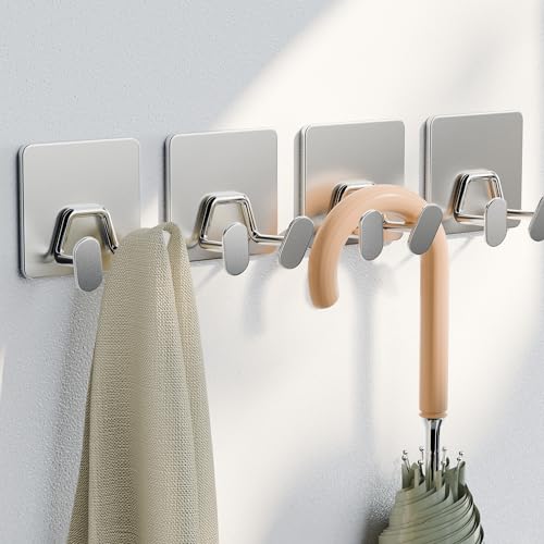 Adhesive Shower Hooks for Inside - Extra Sticky Razor Holder, Silver 4 Pack