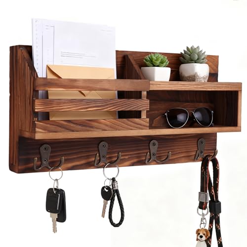 Key and Mail Holder for Wall, Mail Organizer Wall Mount with Shelf, Farmhouse Entryway Organizer for Keys, Wallet, Dog Leash, Sunglass (Brown)