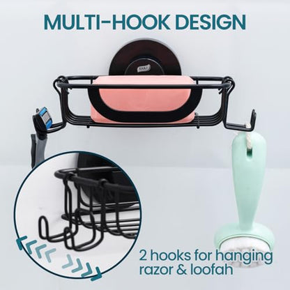 TAILI Soap Holder, Soap Dish Suction Cup with Hooks, Stainless Steel, Black | Soap Dish for Shower, Bathroom Bar soap holder Shower Wall, Stainless Steel Sponge Holder for Tub Kitchen