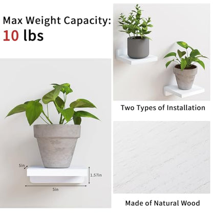 Fixwal Small Floating Shelves for Wall Decor (5Inch, Wood, White, Set of 4) | Rustic wood shelf for displaying mini frames, plants, collectibles. Fits bedroom, living room, bathroom, kitchen, or office.