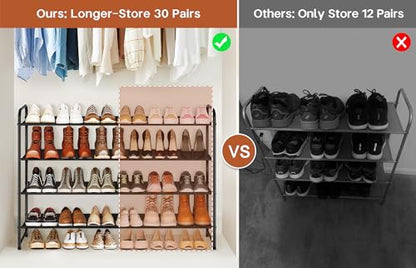 4 Tier Long Shoe Rack for Closet Floor, Wide Shoe Shelf Storage Organizer 30-Pairs Stackable Sneaker Organizer for Closet, Bedroom (Black)
