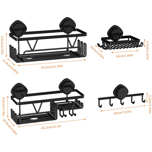 KEGII Shower Caddy Suction Cup, 4 Pack Suction Shower Shelf with Towel Rack No Drilling, Removable Shower Organizer with Hooks & Soap Holder, Space-Saving Bathroom Storage (Black)