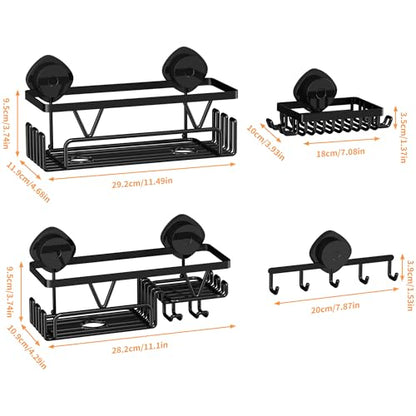 KEGII Shower Caddy Suction Cup, 4 Pack Suction Shower Shelf with Towel Rack No Drilling, Removable Shower Organizer with Hooks & Soap Holder, Space-Saving Bathroom Storage (Black)