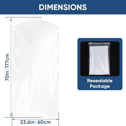 100 Pack 23.6"x70" Garment Bags for Hanging Clothes, Thick Clear Plastic Dry Cleaning Covers for Closet Storage & Travel