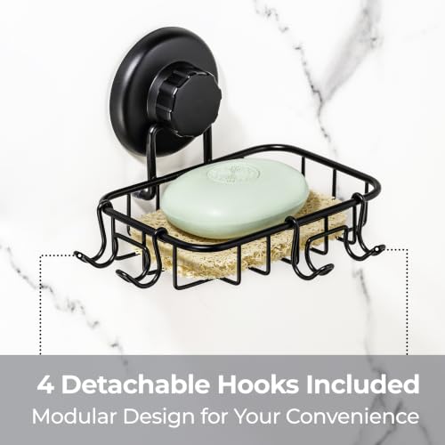HASKO 2 Pack Suction Cup Soap Dish for Shower Wall, Rustproof Stainless Steel, Shower Soap Holder with Hooks, Includes Optional No Drill Adhesive Mount for Bathroom, 2 Soap Savers, Black