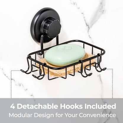HASKO 2 Pack Suction Cup Soap Dish for Shower Wall, Rustproof Stainless Steel, Shower Soap Holder with Hooks, Includes Optional No Drill Adhesive Mount for Bathroom, 2 Soap Savers, Black