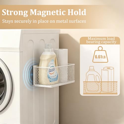 Magnetic Washer Shelf Organizer, White Magnetic Wire Basket with Strong Magnets, Metal Storage Shelf for Refrigerator, Washing Machine, Dryer, Kitchen and Laundry Room