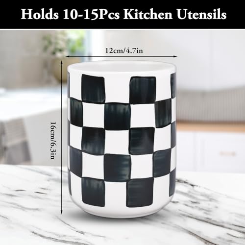 Kitchen Utensil Holder 6.3 Inch Checkered Ceramic... (Black | Ceramic)