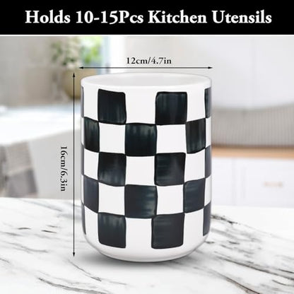 Kitchen Utensil Holder 6.3 Inch Checkered Ceramic... (Black | Ceramic)