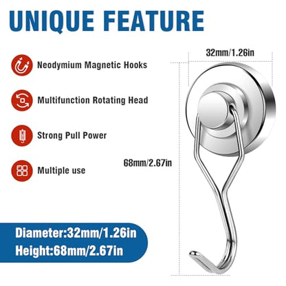 Magnetic Hooks 80LBS Swivel Swing Magnet Hooks Heavy Duty 10 Pack | Strong Neodymium Magnetic Hook for Cruise Cabins Refrigerator Hanging Garage Workshop Office and Kitchen Silver
