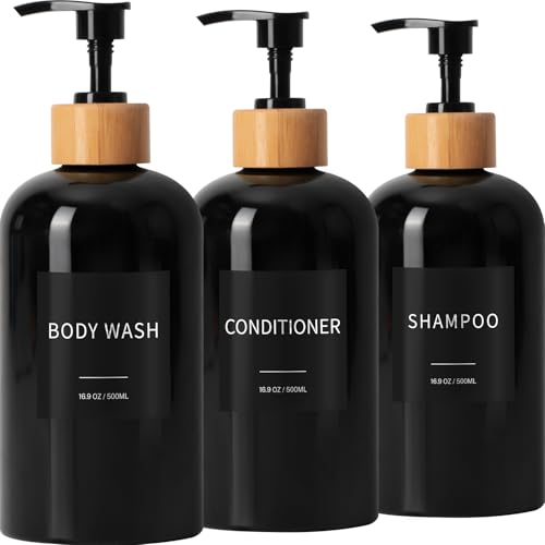 Shampoo and Conditioner Dispenser, Refillable Plastic Shampoo Pump Bottles with Waterproof Labels, Empty Body Wash Dispenser Set for Bathroom Shower, Black, Set of 3, 16.9oz
