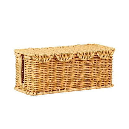 Cable Management Box, Scalloped Faux Rattan Cord Organizer Basket with Lid, Decorative Cord Hider Box with 2 Cable Slots for Power Strip, Small Router, USB Hub, Desk, TV Stand & Home Office, Natural