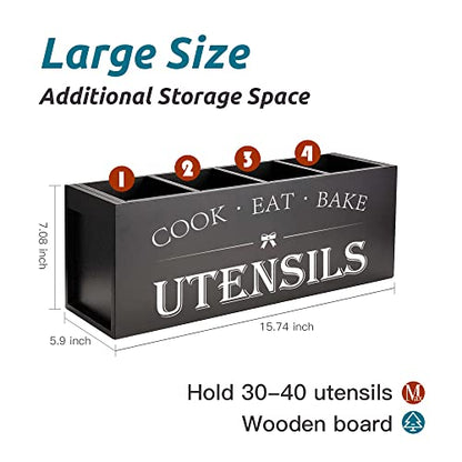 Extra Large Utensil Holder Countertop for Kitchen Counter,Wood,Black | Hold 40 Utensils,4 Removable Divider,Rutic Silverware Organizer Caddy,Spacesaving,Farmhouse Cooking Crock for Spatula,Spoon
