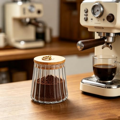 Glass Coffee Nuts Canister with Airtight Bamboo Lid 23 FL OZ Small Conical