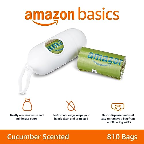 Amazon Basics Premium Leak Proof Dog Poop Bags with Dispenser and Leash Clip, Cucumber Scented, 13" x 9", 810 Count (54 Rolls of 15)