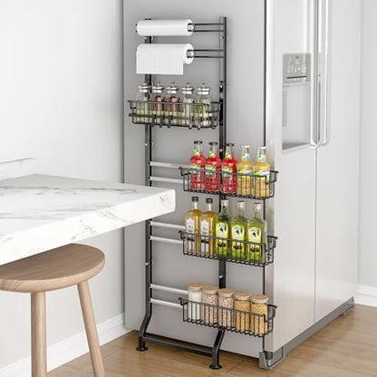BUKFEN 6-Tier Slim Corner Shelf, Spice Rack Narrow Storage Next to Fridge | Bidirectional Pull-Out Baskets, Bent Base Stability, 6 Hooks, Space-Saving Slim Design for Kitchen, Bathroom, Laundry Room