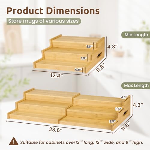 3-Tier Expandable Bamboo Mug Holder for Countertop Coffee Cup Holder Display Mug Organizer Mug Rack for Coffee Bar Organizer Mug Shelf for Cabinet for Kitchen, Home, No Assembly