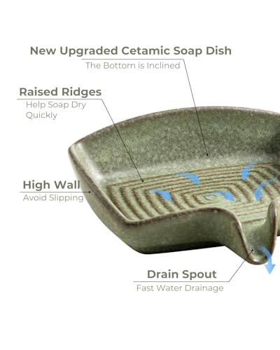 Self Draining Soap Dish, Ceramic Bar Soap Holder with Drainage | Soap Saver with Waterfall Design Soap Tray for Shower, Bathroom, Sink, Kitchen and Countertop, Farmhouse Kitchen Decor, Green