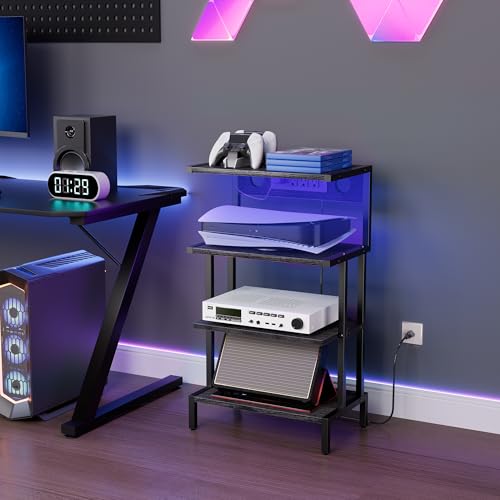Game Console Shelf, 4-Tier Video Gaming Consoles Stand with Outlet & RGB Light, Small Media Entertainment Center for Audio Stereo Storage Organizer Playroom Furniture, Stereo Stands and Racks