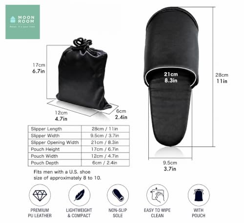 Premium Travel Slippers for Men, Foldable PU Leather Indoor Shoes with Storage Pouch, Non-Slip Portable Hotel & Airplane Slippers, Wipe-Clean Business Travel House Shoes, Black, Fits Up to US Men's 11