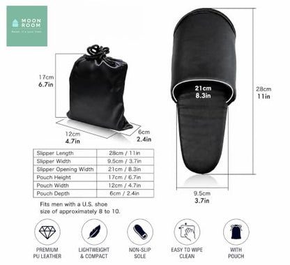 Premium Travel Slippers for Men, Foldable PU Leather Indoor Shoes with Storage Pouch, Non-Slip Portable Hotel & Airplane Slippers, Wipe-Clean Business Travel House Shoes, Black, Fits Up to US Men's 11