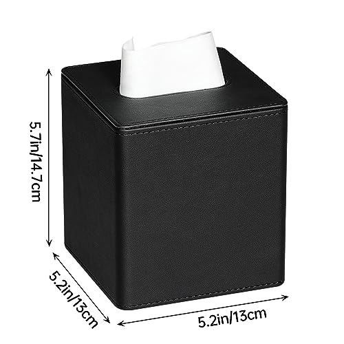 PU Leather Square Tissue Box Cover with Bottom, Black | Fits All Standard Cube Tissue Boxes, Modern Decorative Tissue Box Holder for Bathroom, Bedroom, Office, Living Room