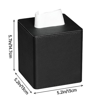 PU Leather Square Tissue Box Cover with Bottom, Black | Fits All Standard Cube Tissue Boxes, Modern Decorative Tissue Box Holder for Bathroom, Bedroom, Office, Living Room