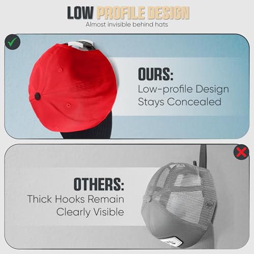 Adhesive Hat Hooks for Wall (16-Pack) - Minimalist Hat Rack Design, No Drilling, Strong Hold Hat Hangers - USA Patented, White