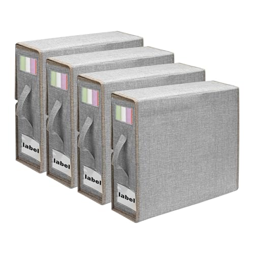 4 Pack Bed Sheet Organizer for Linen Closet, Foldable Sheet Organizers and Storage Containers with Window & Label, Bedding Storage Organizer for Sheets, Duvet Covers, Blankets, Grey