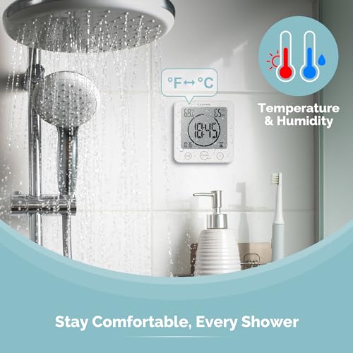 KADAMS Shower Clock Waterproof Bathroom Timer – Digital Wall Clock with Countdown, Magnetic Kitchen Clock with Temperature & Humidity, Suction Cup for Kids Shower Spa Sauna Cook Bath, White